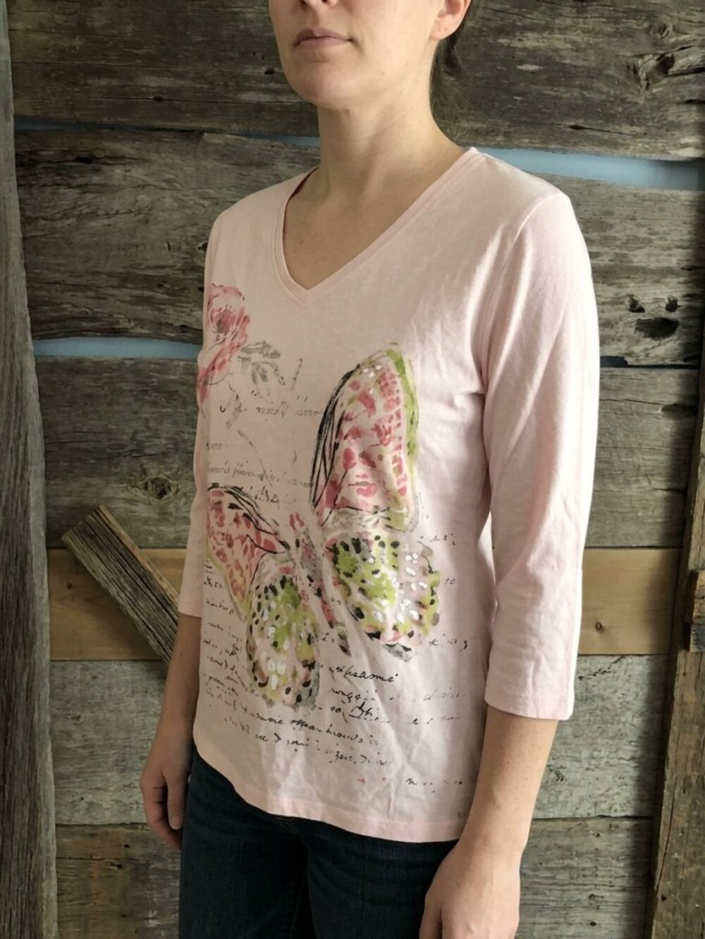 ALIA Petite size Med pale pink with shoulder pads and butterfly design